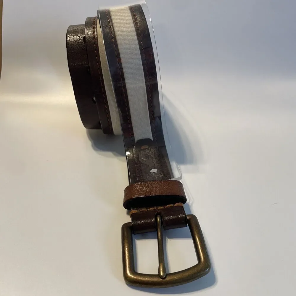 Mens Brown 100% Leather Belt With Tan Accent Stripe Thread Accent Buckle 40” Lon